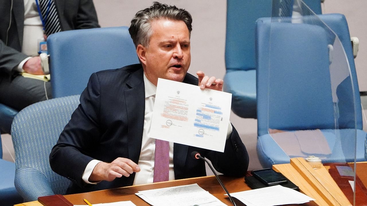 Ukrainian Ambassador to the United Nations Sergiy Kyslytsya speaks as United Nations Security Council meets after Russia recognised two breakaway regions in eastern Ukraine as independent entities, in New York City. Credit: Reuters Photo