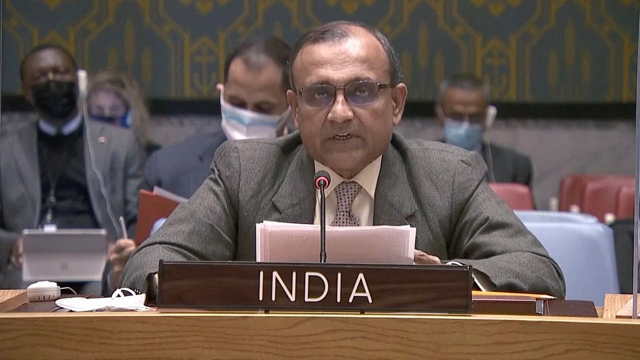 TS Tirumurti speaks at the UNSC meeting. Credit: AP Photo