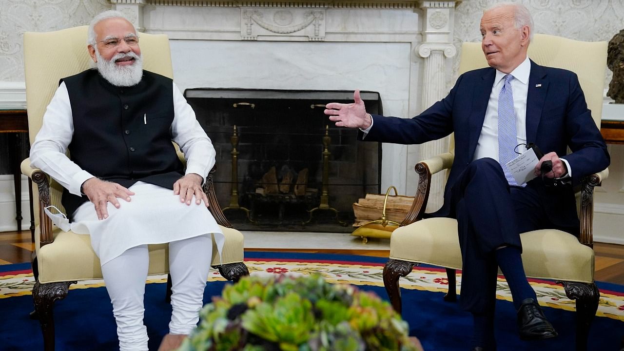 A file photo of PM Narendra Modi and US President Joe Biden at the White House in Washington DC, US. Credit: AP/PTI Photo