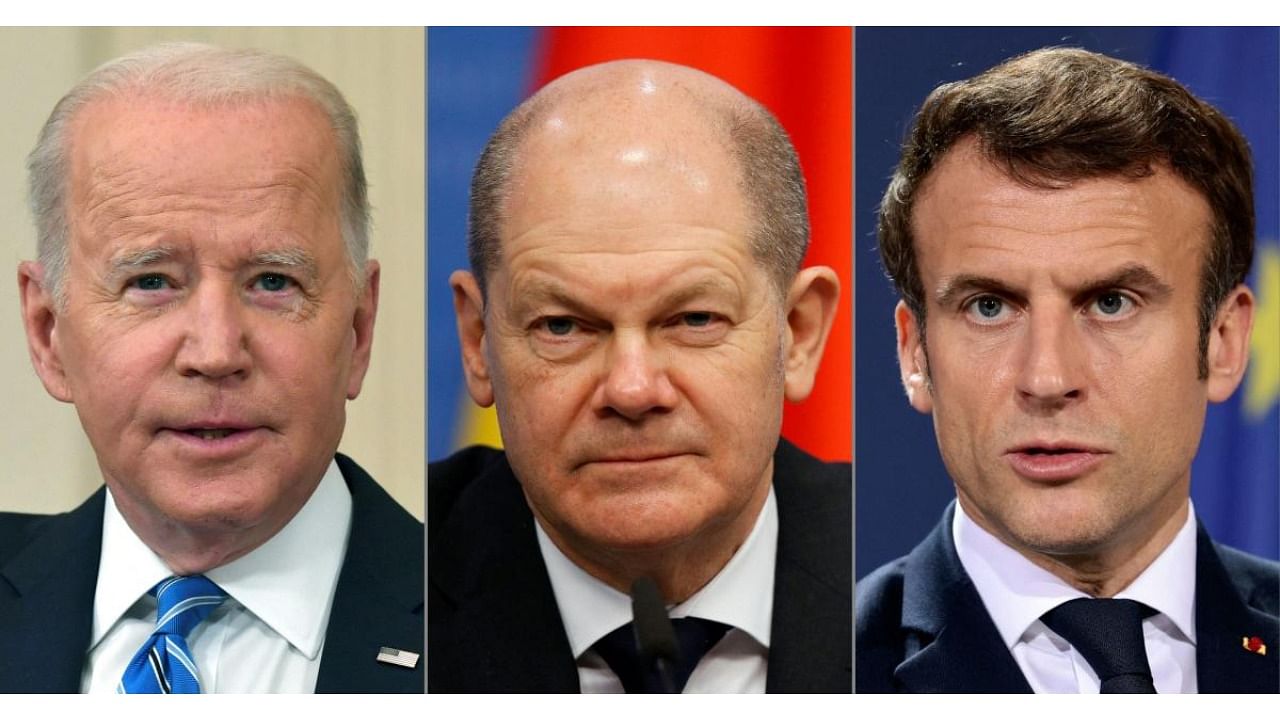 US President Joe Biden, German Chancellor Olaf Scholz, and French President Emmanuel Macron. Credit: AFP Photo