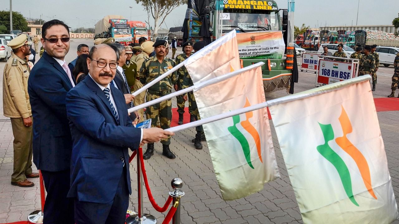 Harsh V Shringla flags-off aid to Afghanistan. Credit: PTI Photo