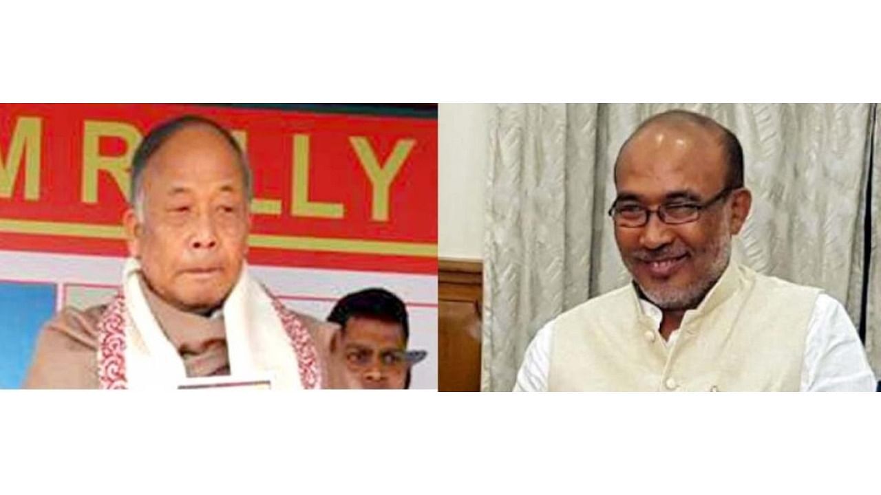 Okram Ibobi Singh and current CM N Biren Singh. Credit: IANS Photo