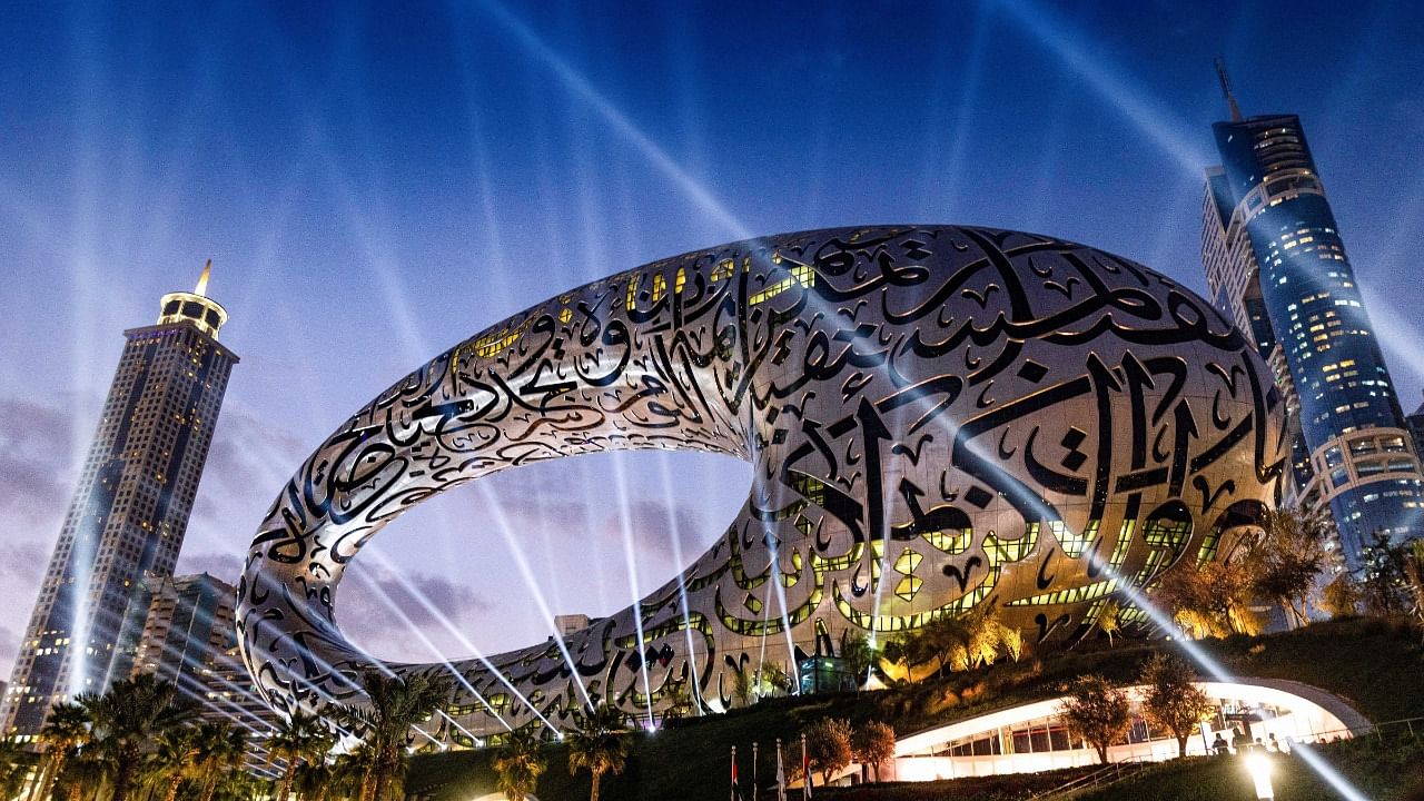 Undated image of the 'Museum of the Future' in Dubai, UAE. The museum is a seven-storey hollow silver ellipse decorated with Arabic calligraphy quotes from Dubai's ruler Sheikh Mohammed bin Rashid Al Maktoum. The museum opened for public on Tuesday. Credit: PTI Photo