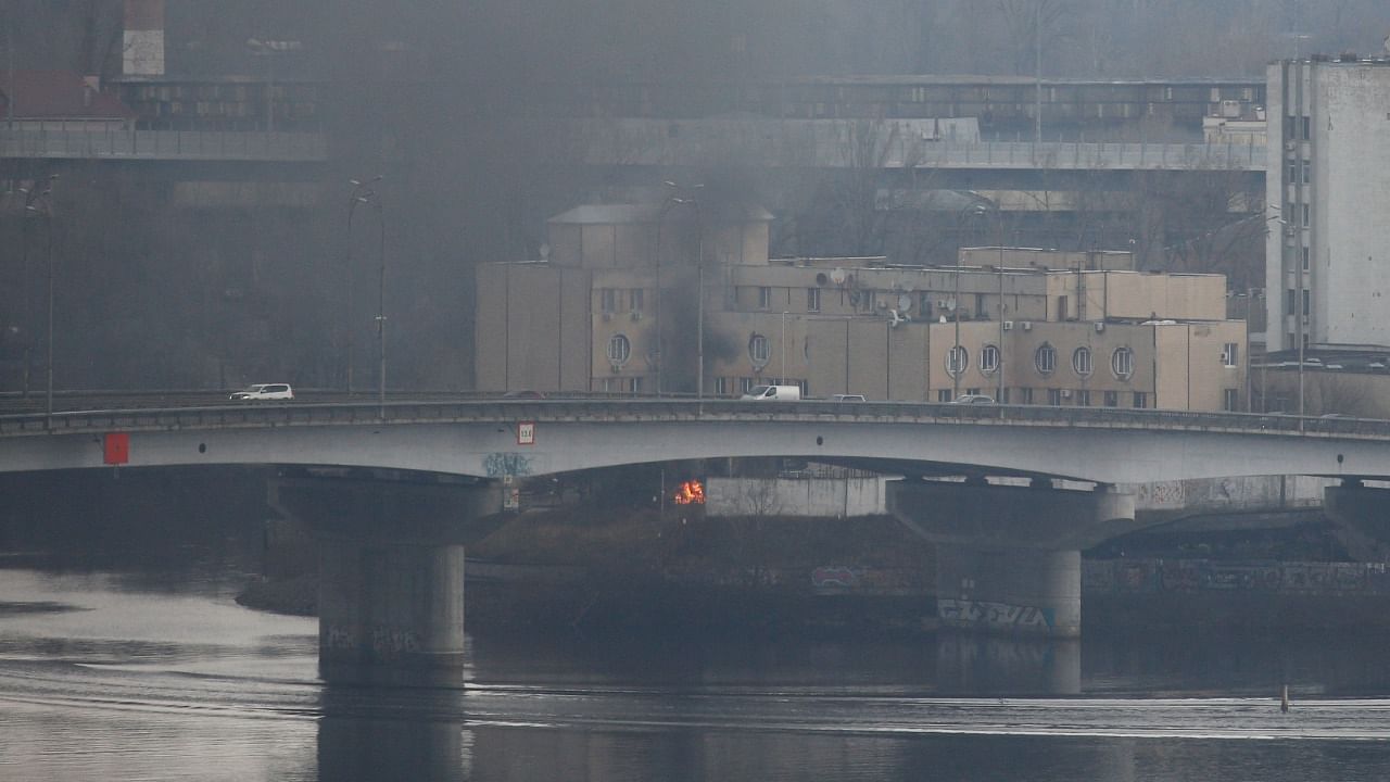 Smoke rises from the territory of the Ukrainian Defence Ministry's unit in Kyiv. Credit: Reuters Photo