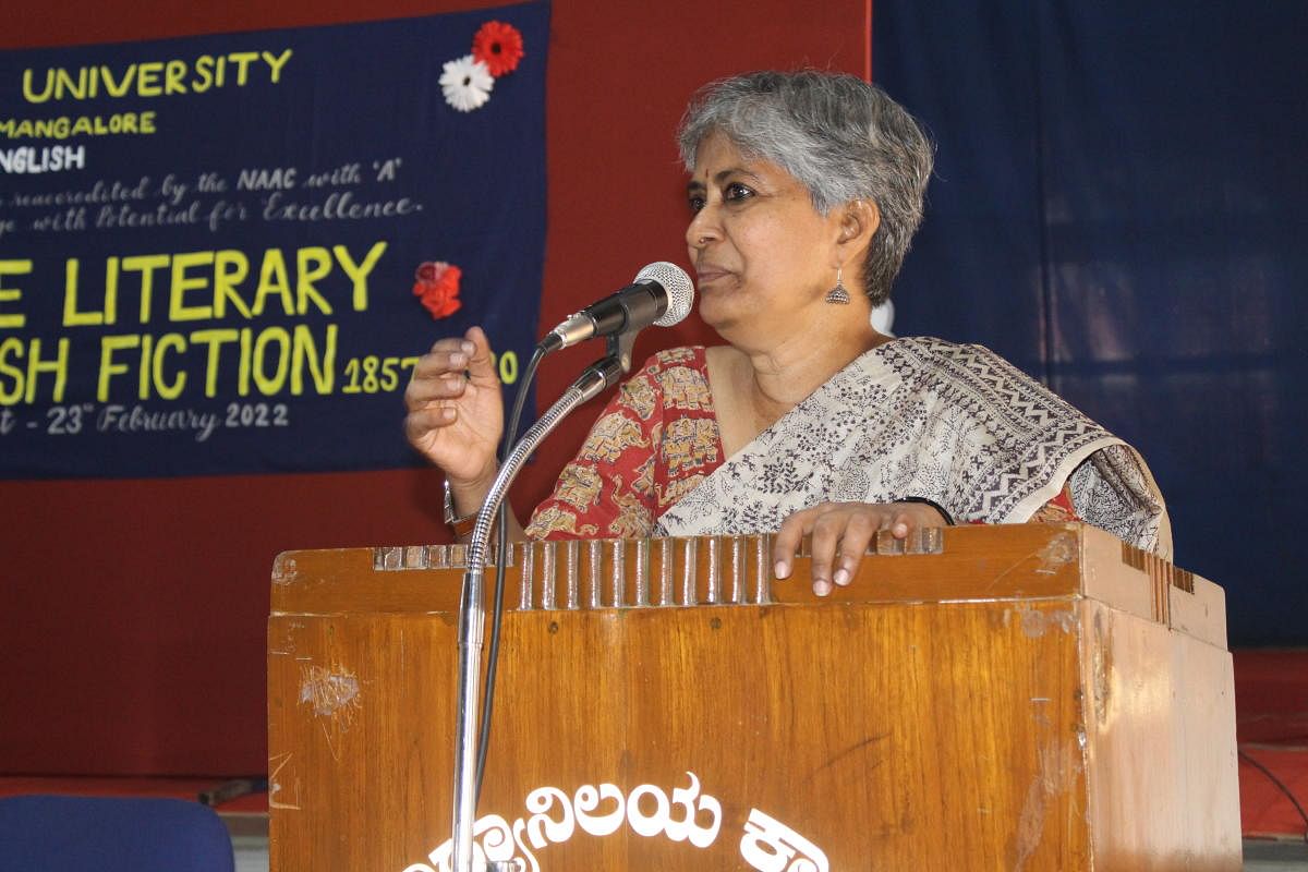 Mangalore University English professor Dr Parinitha delivers a lecture at University College in Mangaluru.