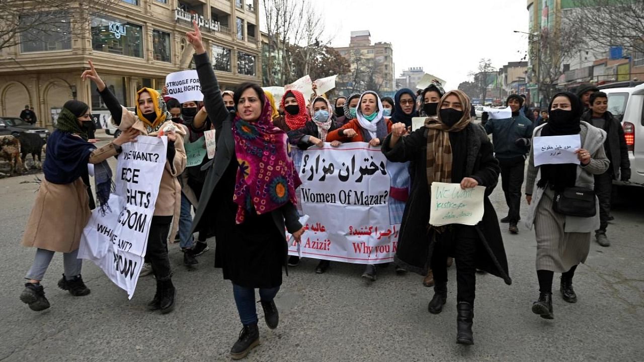 In this file photo taken on January 16, 2022, Afghan women chant slogans and hold banners during a women's rights protest march in Kabul. Credit: AFP Photo