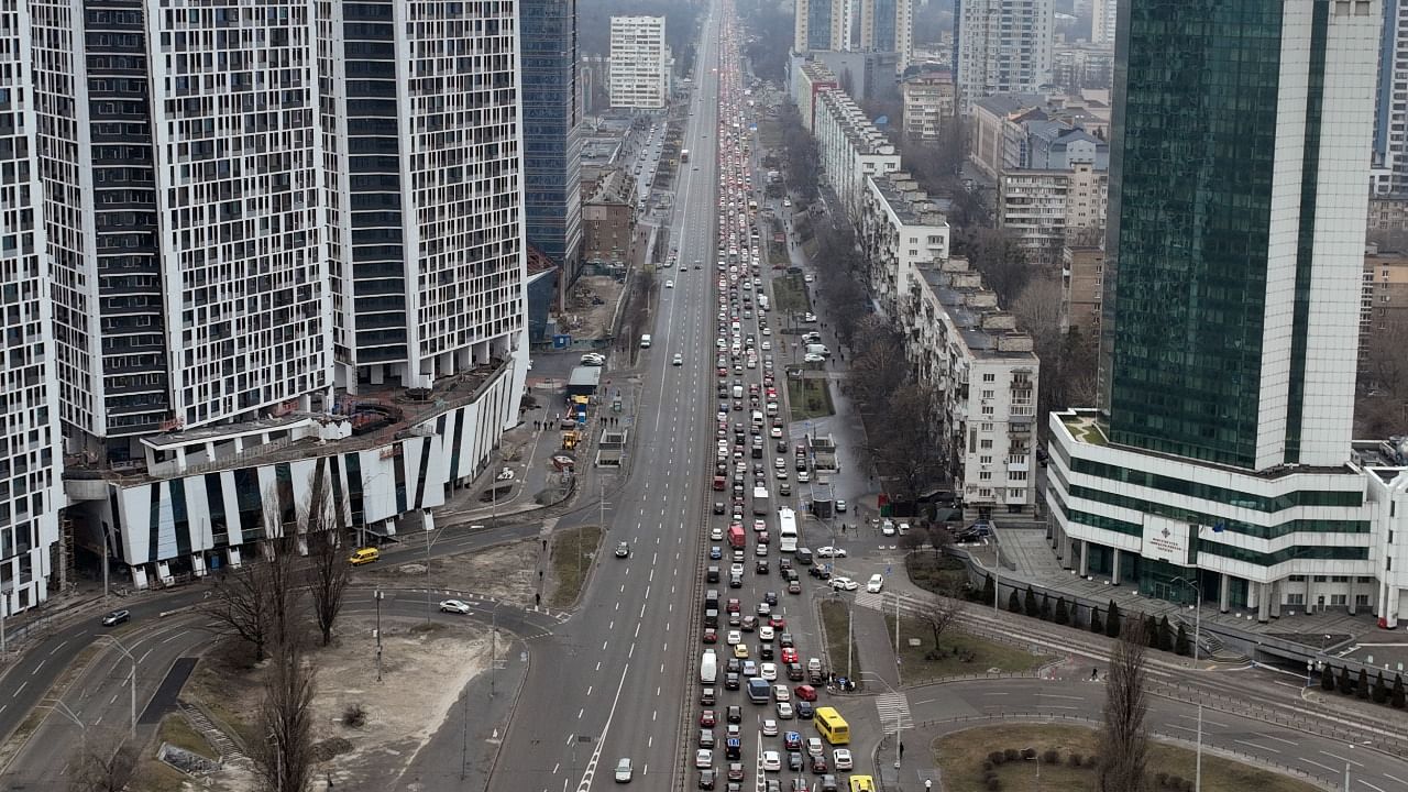 Traffic jams are seen as people leave the city of Kyiv, Ukraine. Credit: AP/PTI Photo