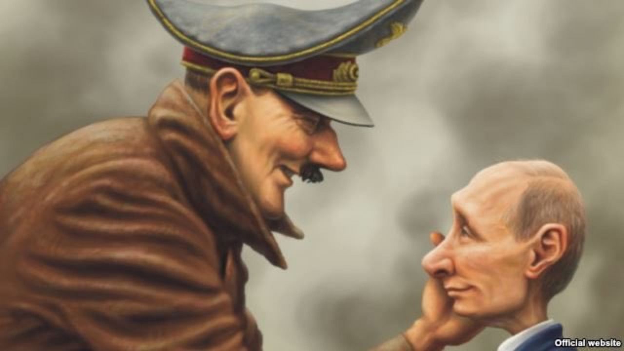 The official Twitter handle of Ukraine shared a caricature of Adolf Hitler smiling at Russian President Vladimir Putin. Credit: Twitter/@Ukraine