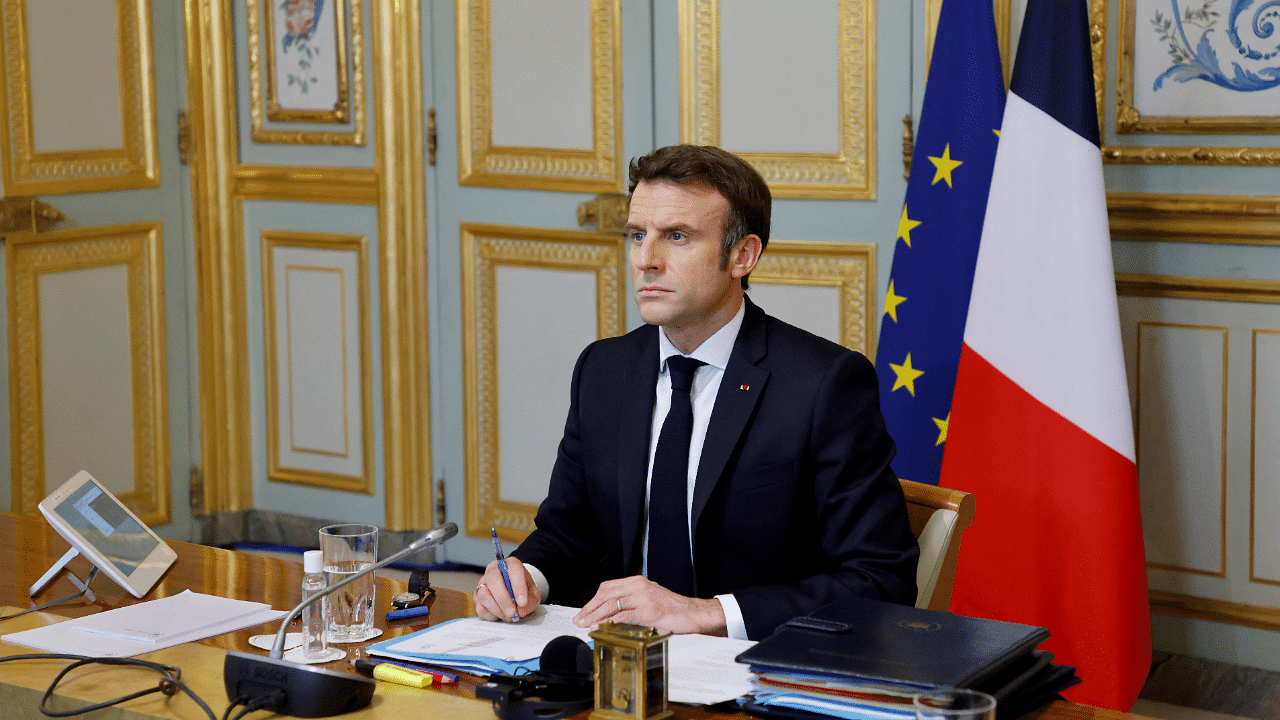 French President Macron attends a virtual G7 leaders' meeting on Ukraine conflict. Credit: Reuters Photo