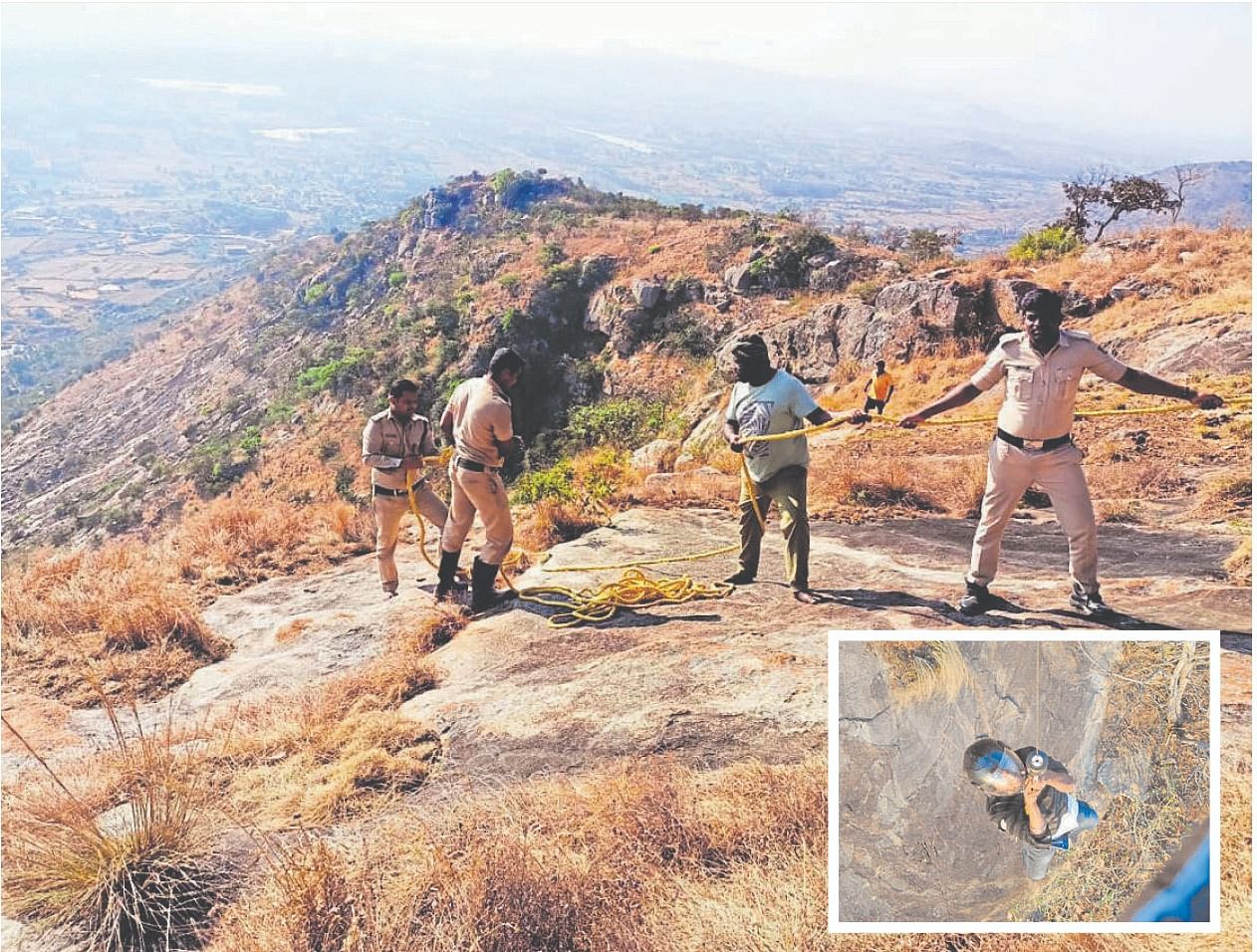 ishank Sharma (inset) fell into a 300-ft gorge in Nandi Hills while trekking on Sunday and was rescued by the Indian Air Force personnel.