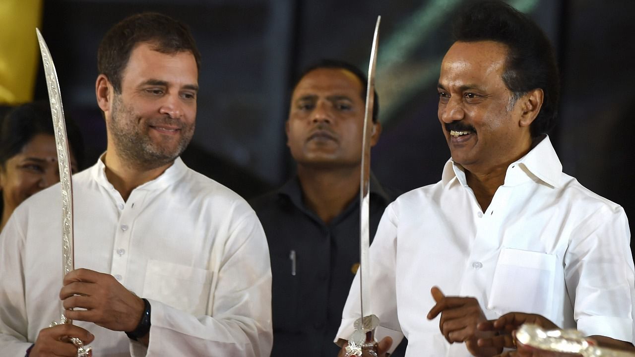 Rahul Gandhi and MK Stalin in Chennai in 2018. Credit: PTI File Photo