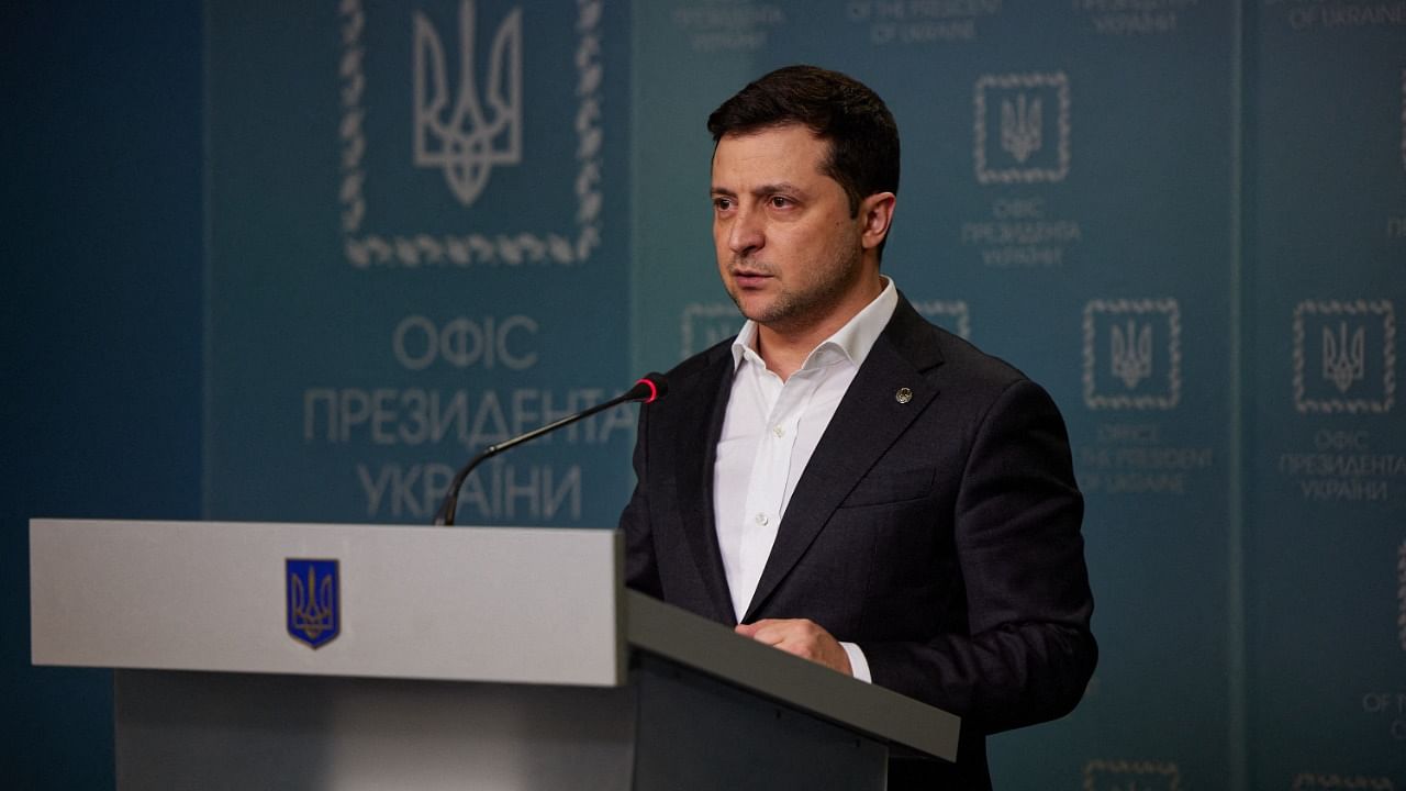 Ukrainian President Volodymyr Zelenskyy holds a briefing at the Office of the Head of State in Kyiv. Credit: AFP Photo