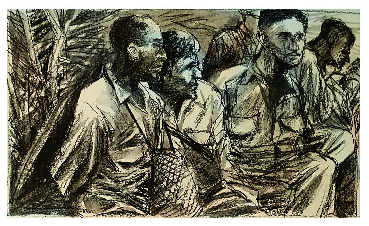 Second Lieutenant Mark Pillai, army doctor Capt Natarajan, lecturer K Radhakrishnan decide to flee Japanese-held Singapore in 1942. Illustration by M S Prakash Babu