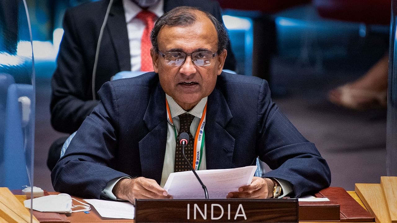Permanent Representative of India to the United Nations T S Tirumurti speaks at the UNSC emergency meeting on Ukraine crisis, in New York. Credit: PTI File Photo
