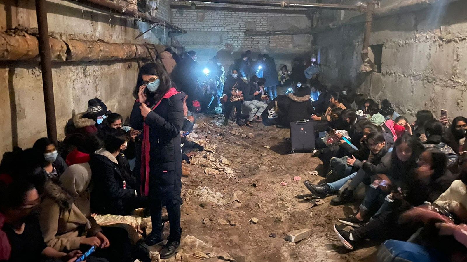 Students in a bunker in Sumy State Medical University on Friday evening. Credit: Special Arrangement