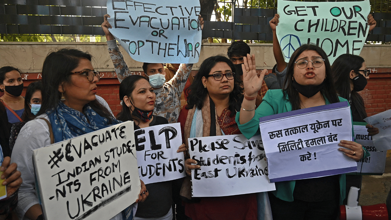 Parents of Indian students studying in Ukraine take part in a protest against Russia's invasion of Ukraine. Credit: AFP Photo