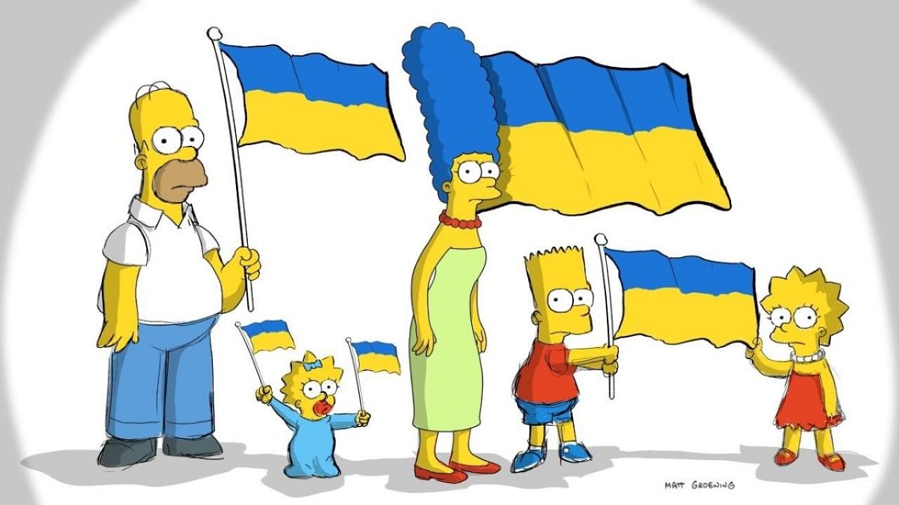 The Simpsons family raise the Ukrainian flag. Credit: IANS Photo
