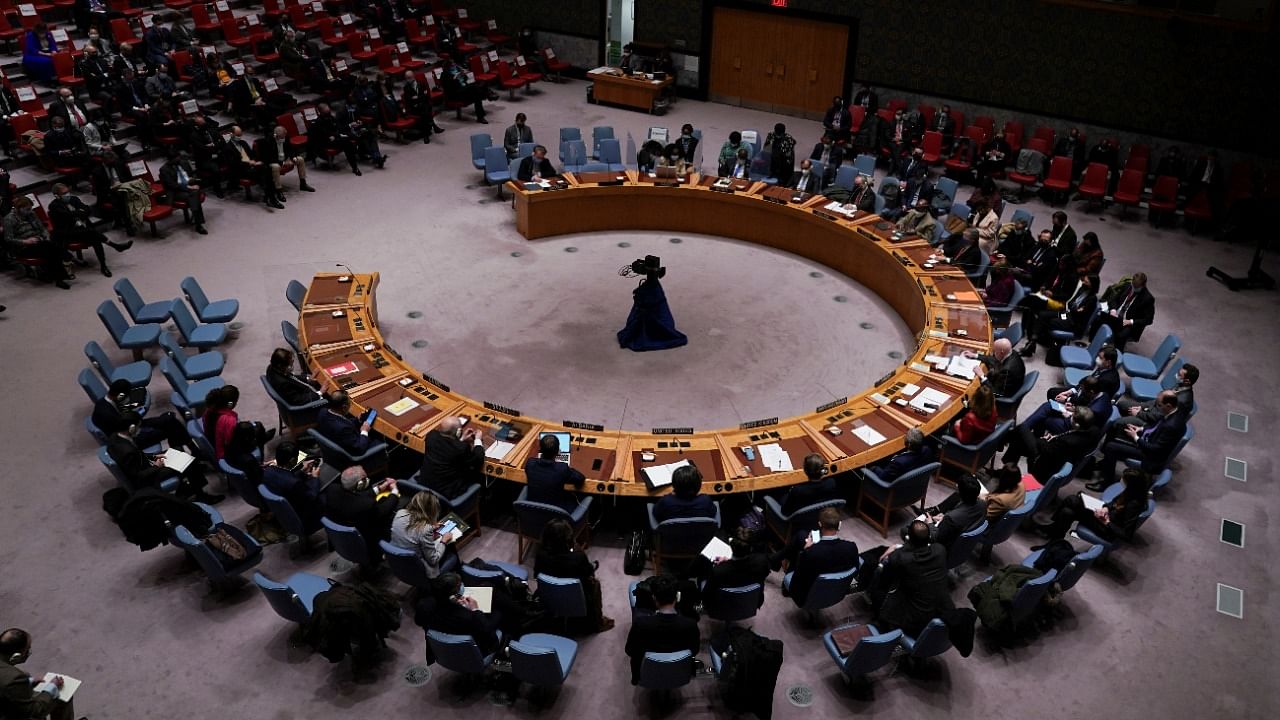 The United Nations Security Council assembles to vote for a rare emergency special session of the 193-member UN General Assembly on Russia's invasion of Ukraine, at the United Nations Headquarters in Manhattan, New York City, US February 27, 2022. Credit: Reuters Photo