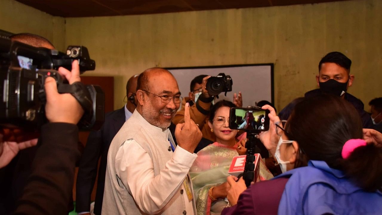 CM Biren Singh after casting his vote in Sivan High School polling station in Heingang Assembly constituency in Imphal East district on Monday. Credit: Special arrangement