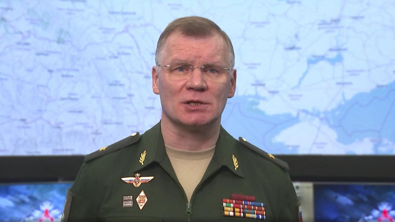 This video grab taken from a handout footage shows Russian Defence Ministry spokesman Igor Konashenkov holding a briefing. Credit: Russian Defence Ministry/AFP Photo