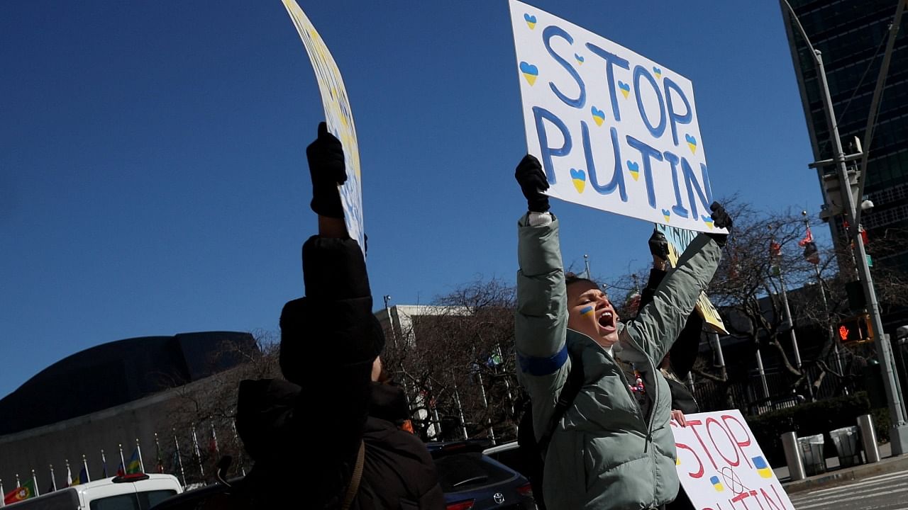 Protest outside United Nations headquarters during UN General Assembly emergency session on Russia's invasion of Ukraine. Credit: Reuters Photo