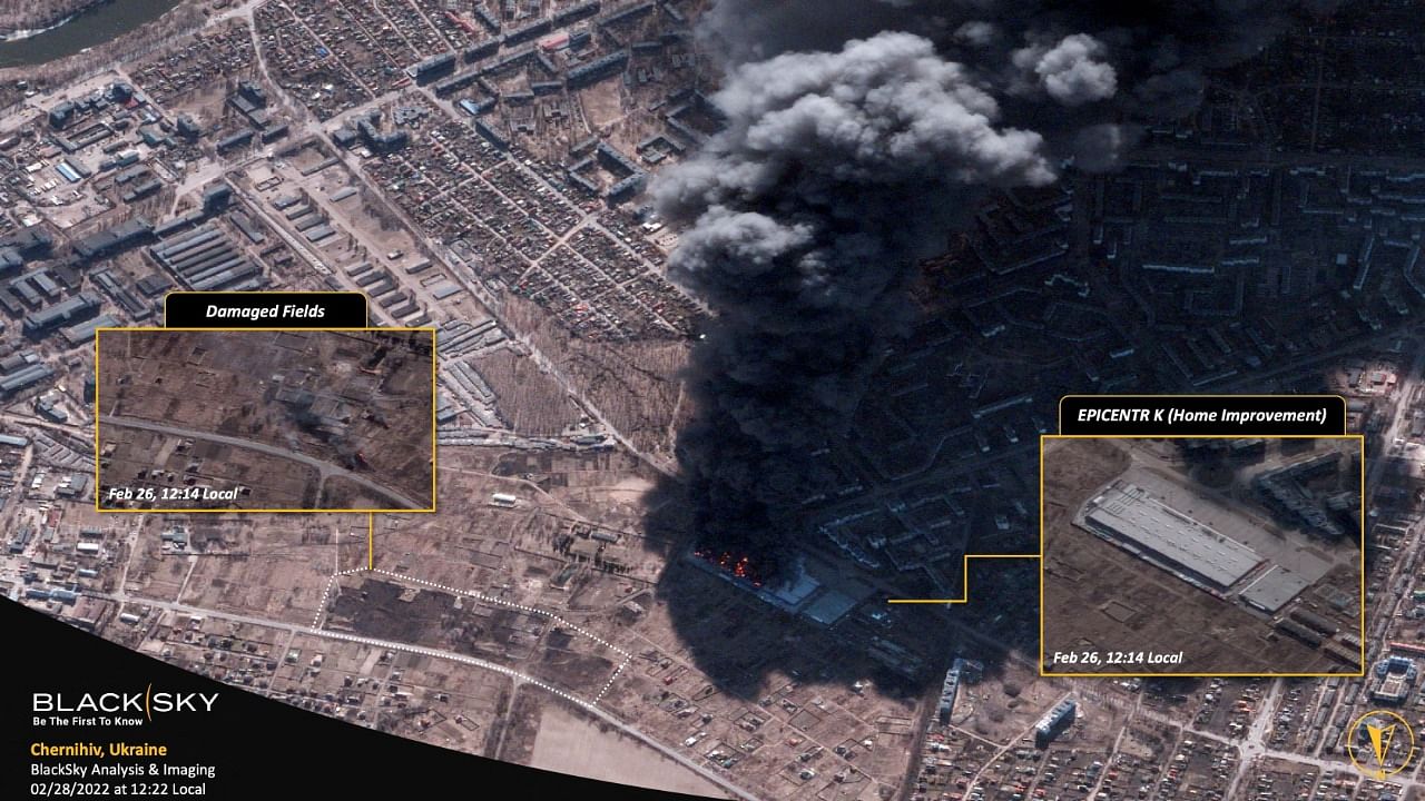 A satellite image shows blaze at warehouse “Epicentr K” and destroyed fields in Chernihiv. Credit: Reuters Photo