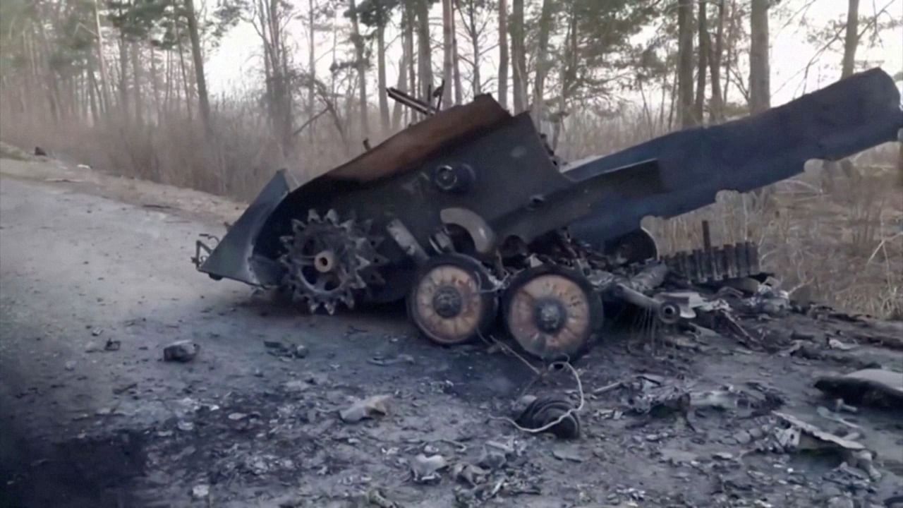 Destroyed military hardware is seen on a road during Russia's invasion of Ukraine at an unidentified location. Credit: Reuters Photo