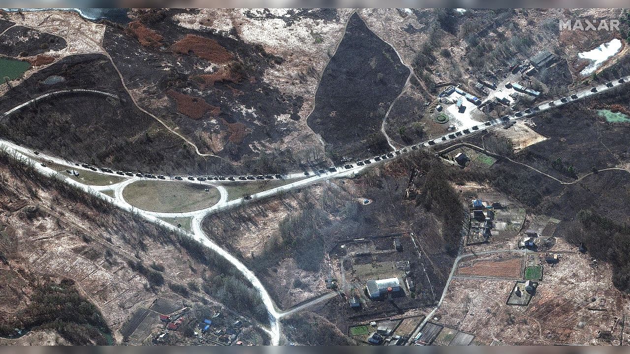 According to imagery collected by Maxar, the large military convoy seen north of Kyiv stretches from near Antonov airport in the south to the northern-end of the convoy near Prybirsk. Credit: AFP Photo