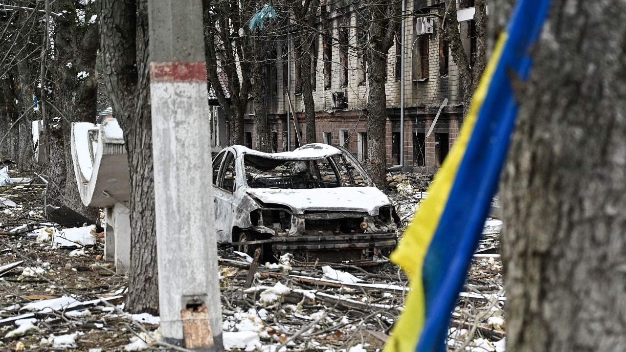 The view of military facility which was destroyed by recent shelling in the city of Brovary outside Kyiv. Credit: AFP Photo