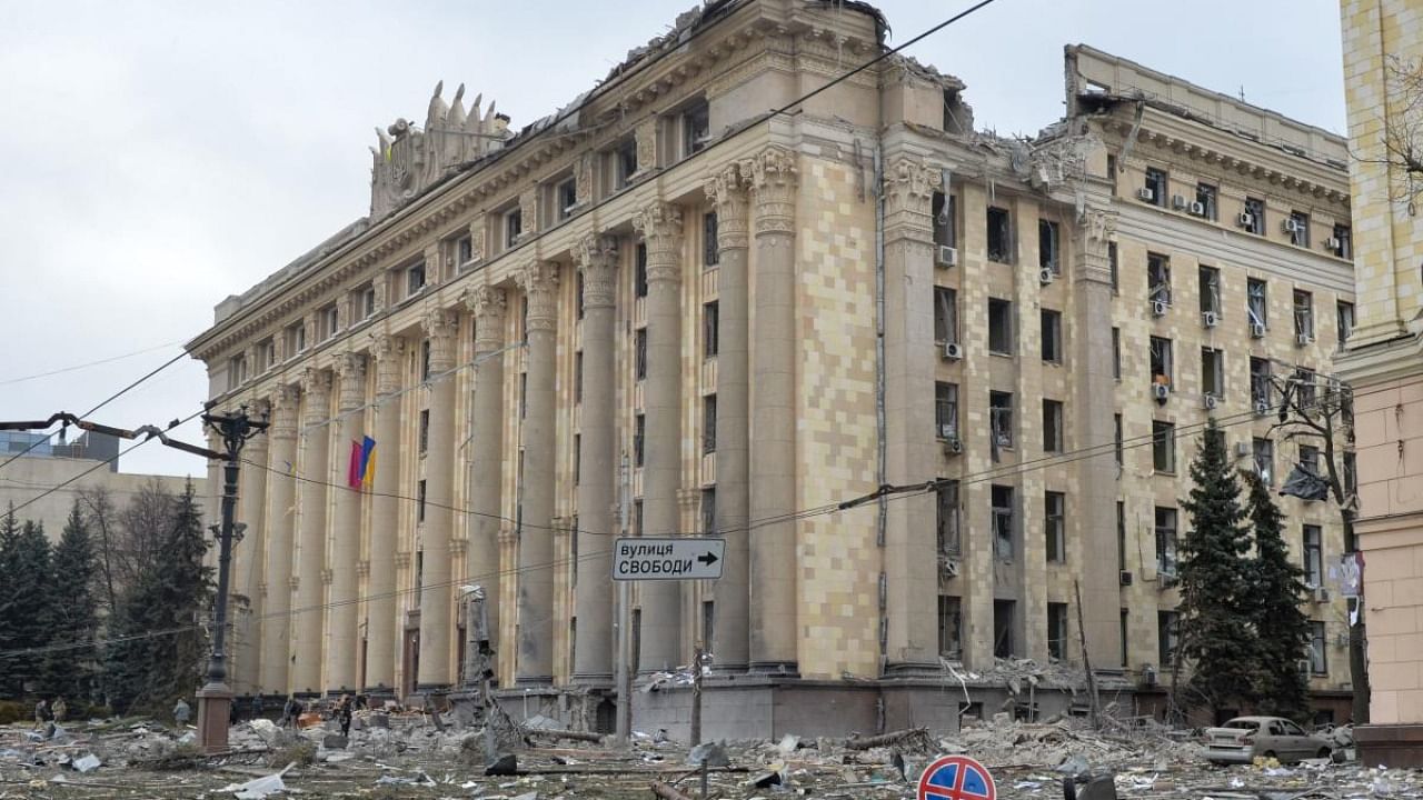 This general view shows the damaged local city hall of Kharkiv on March 1, 2022, destroyed as a result of Russian troop shelling. Credit: AFP Photo