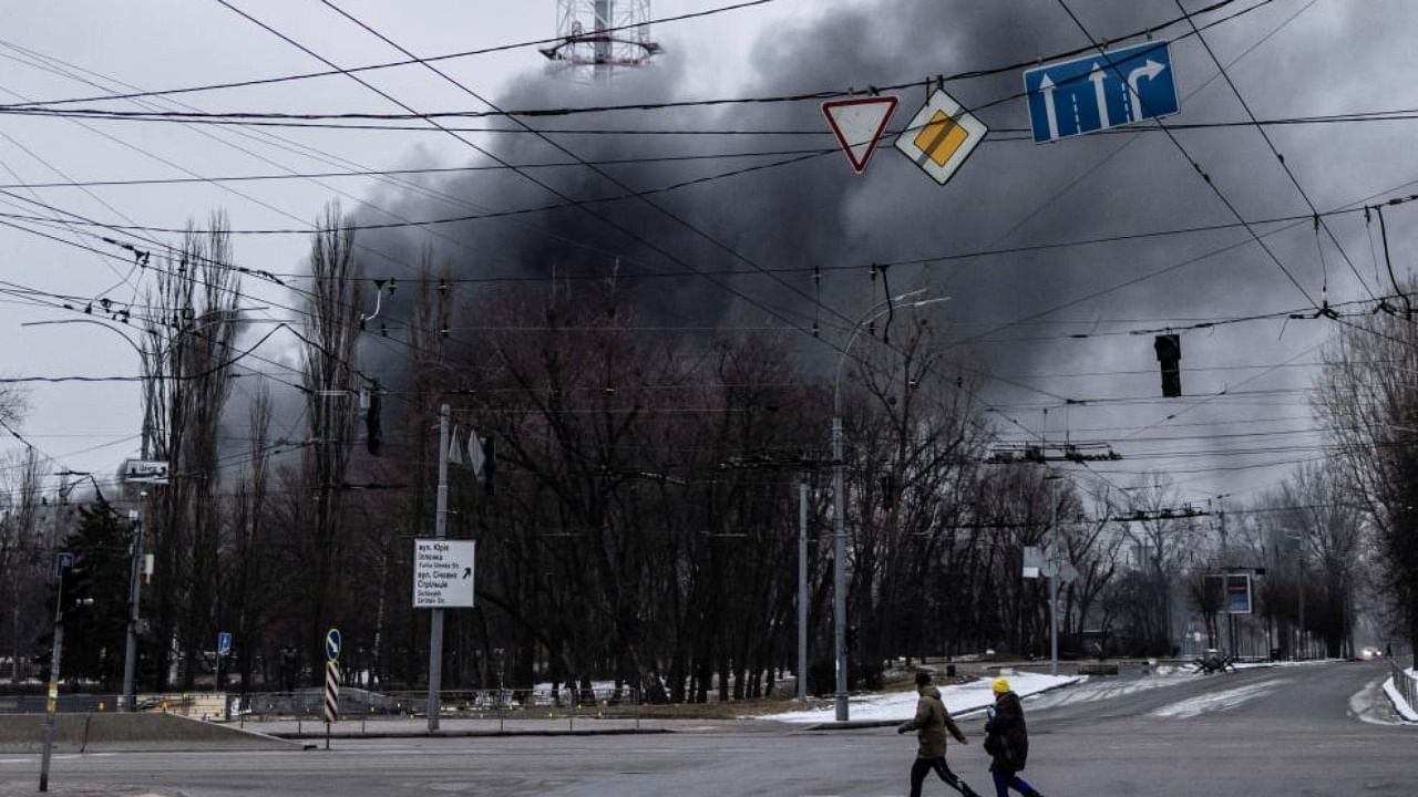 Smoke billows from the TV tower, amid Russia's invasion of Ukraine, in Kiev, Ukraine March 1, 2022. Credit: Reuters Photo