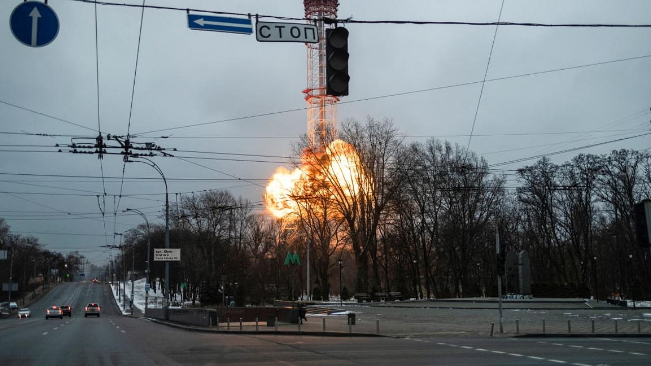 A blast is seen in the TV tower, amid Russia's invasion of Ukraine, in Kiev, Ukraine March 1, 2022. Credit: Reuters Photo