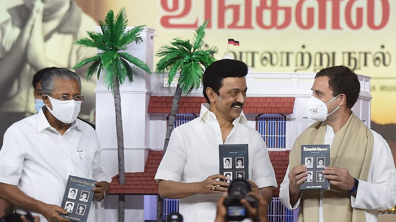 Congress leader Rahul Gandhi with Tamil Nadu Chief Minister M K Stalin and Kerala Chief Minister Pinarayi Vijayan, during a function for the release of Stalin's autobiography 'Ungalil Oruvan', in Chennai, Monday. Credit: PTI Photo