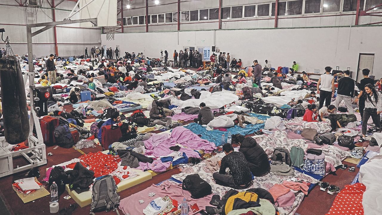 Indian students take shelter on their way from Ukraine to neighbouring Romania. Credit: Reuters Photo