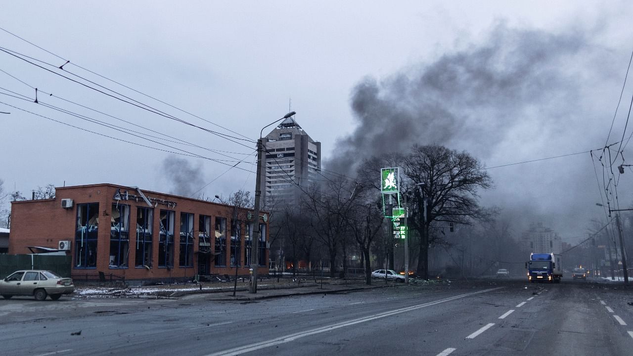 Smoke rises from a building after a blast, amid Russia's invasion of Ukraine, in Kyiv, Ukraine. Credit: Reuters Photo