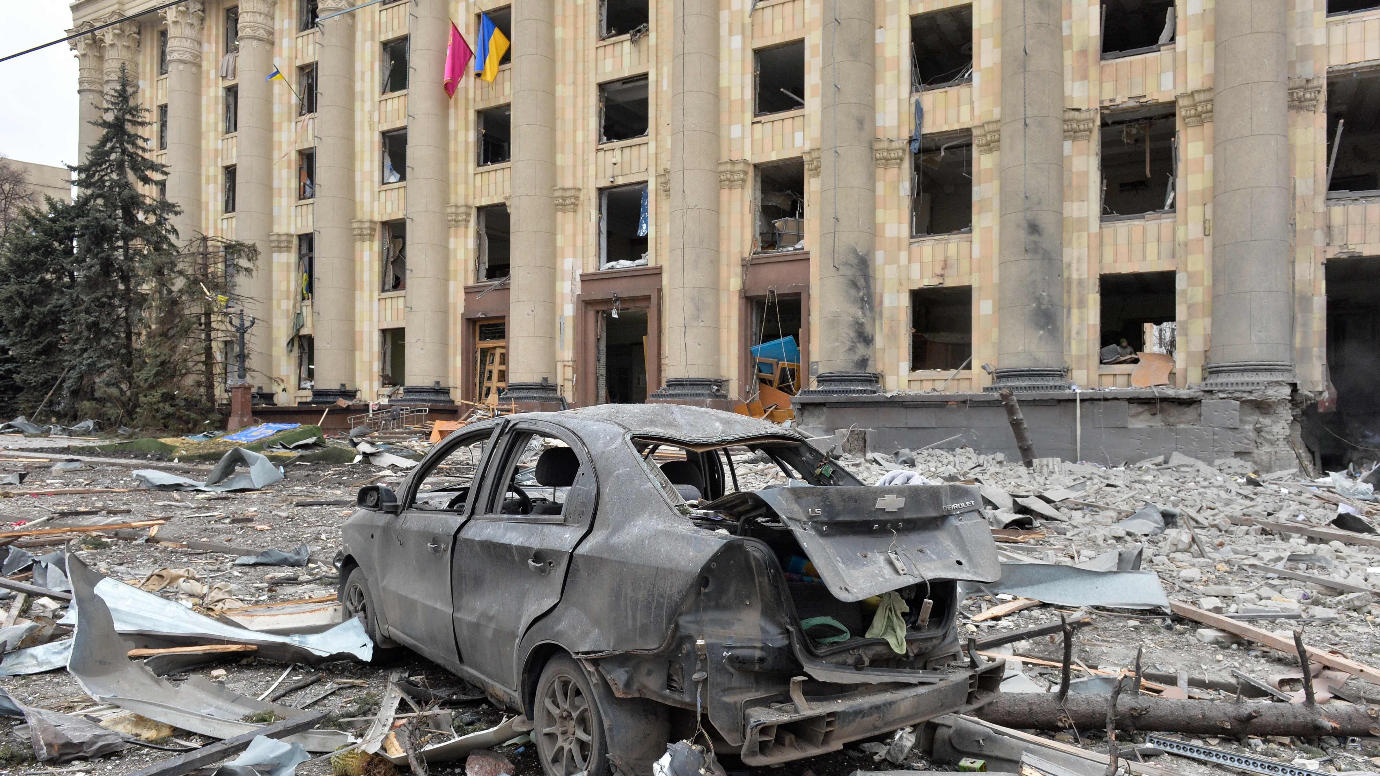 The central square of Ukraine's second city, Kharkiv, was shelled by advancing Russian forces who hit the building of the local administration, regional governor Oleg Sinegubov said. Credit: AFP Photo