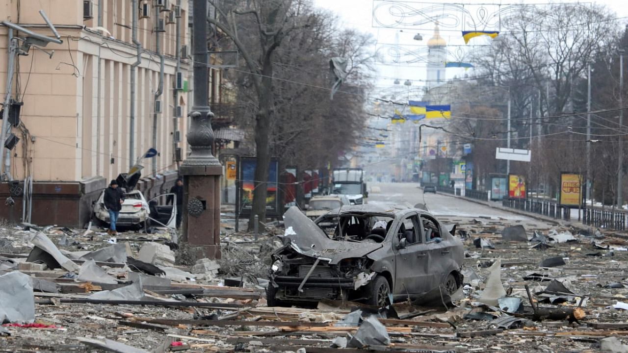 A view shows the area near the regional administration building, which city officials said was hit by a missile attack, in central Kharkiv, Ukraine. Credit: Reuters Photo