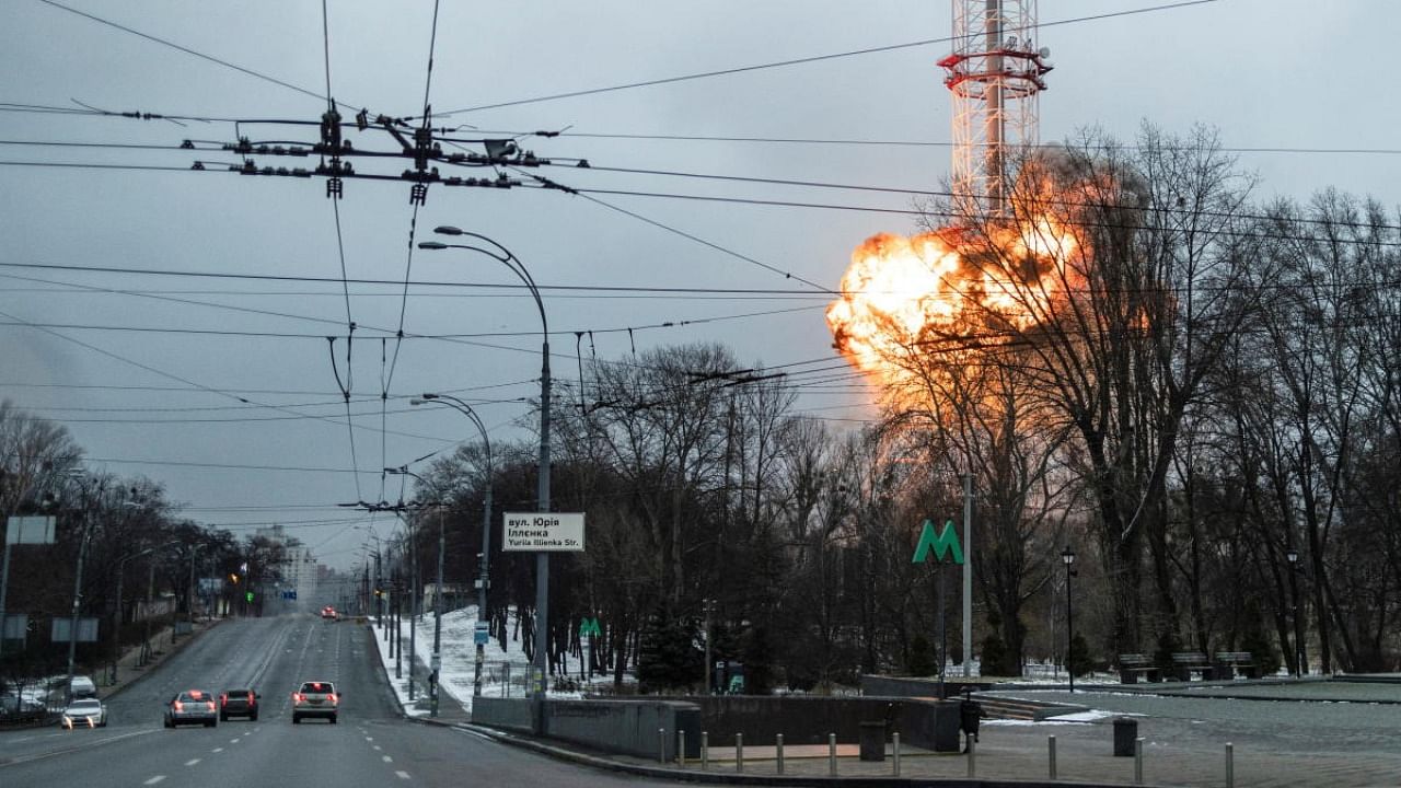 A blast is seen in the TV tower, amid Russia's invasion of Ukraine, in Kyiv. Credit: Reuters photo