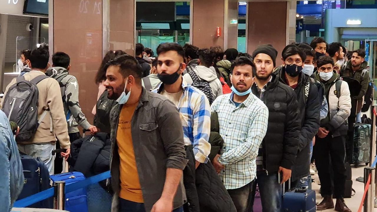 Bucharest: Indian nationals, evacuated from war-torn Ukraine, prepare to board an Operation Ganga Air India flight in Bucharest to return India. Credit: PTI Photo