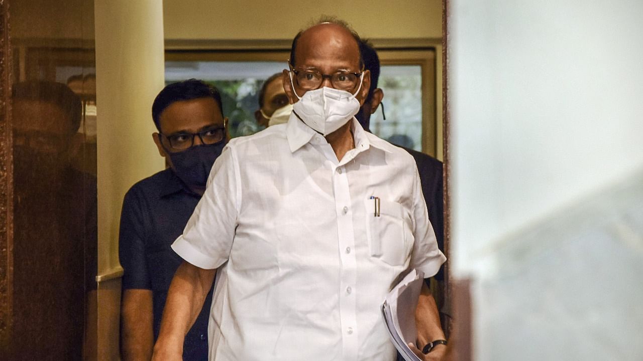 NCP Chief Sharad Pawar arrives to attend a meeting with party leaders, a day before Budget Assembly session 2022 in Mumbai. Credit: PTI Photo