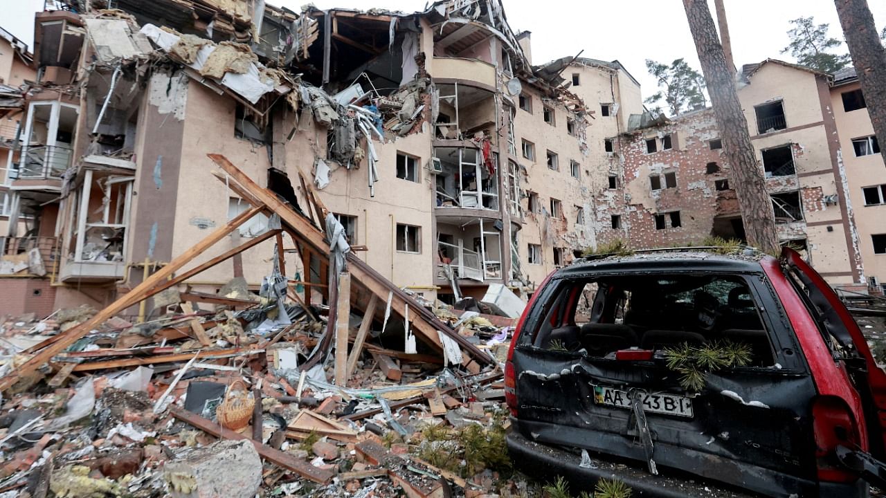 A view shows a residential building destroyed by recent shelling in Irpin. Credit: Reuters Photo