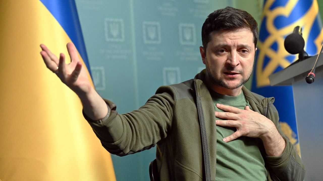 Ukrainian President Volodymyr Zelenskyy gestures as he speaks during a press conference in Kyiv on March 3, 2022. Credit: AFP Photo