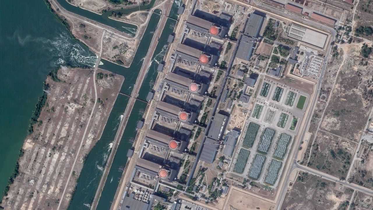 Satellite image of the Zaporizhzhia nuclear power plant in Enerhodar, Ukraine. Credit: AP Photo
