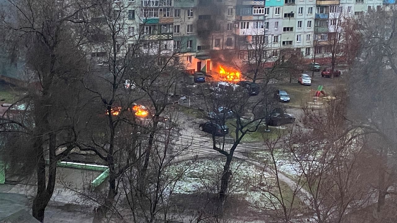 Fire is seen in Mariupol at a residential area after shelling amid Russia's invasion of Ukraine. Credit: Reuters File Photo