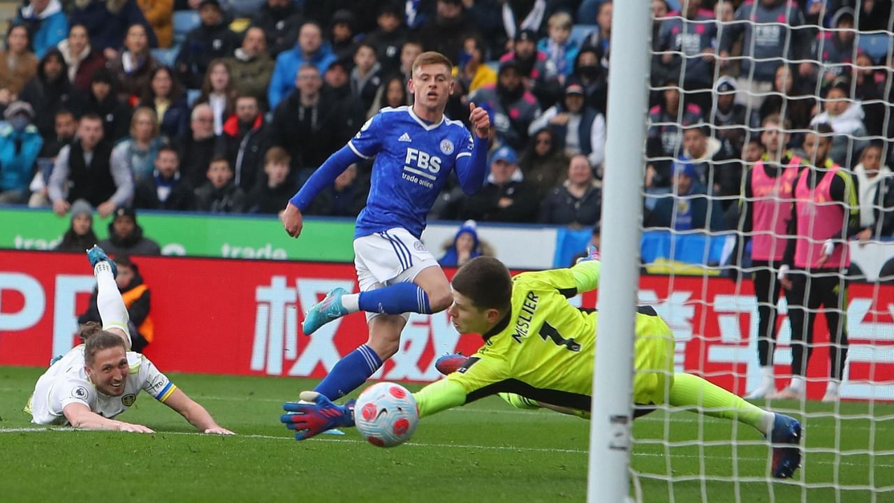 Leicester City's Harvey Barnes shoots past Leeds United's goalkeeper Illan Meslier. Credit: AFP Photo