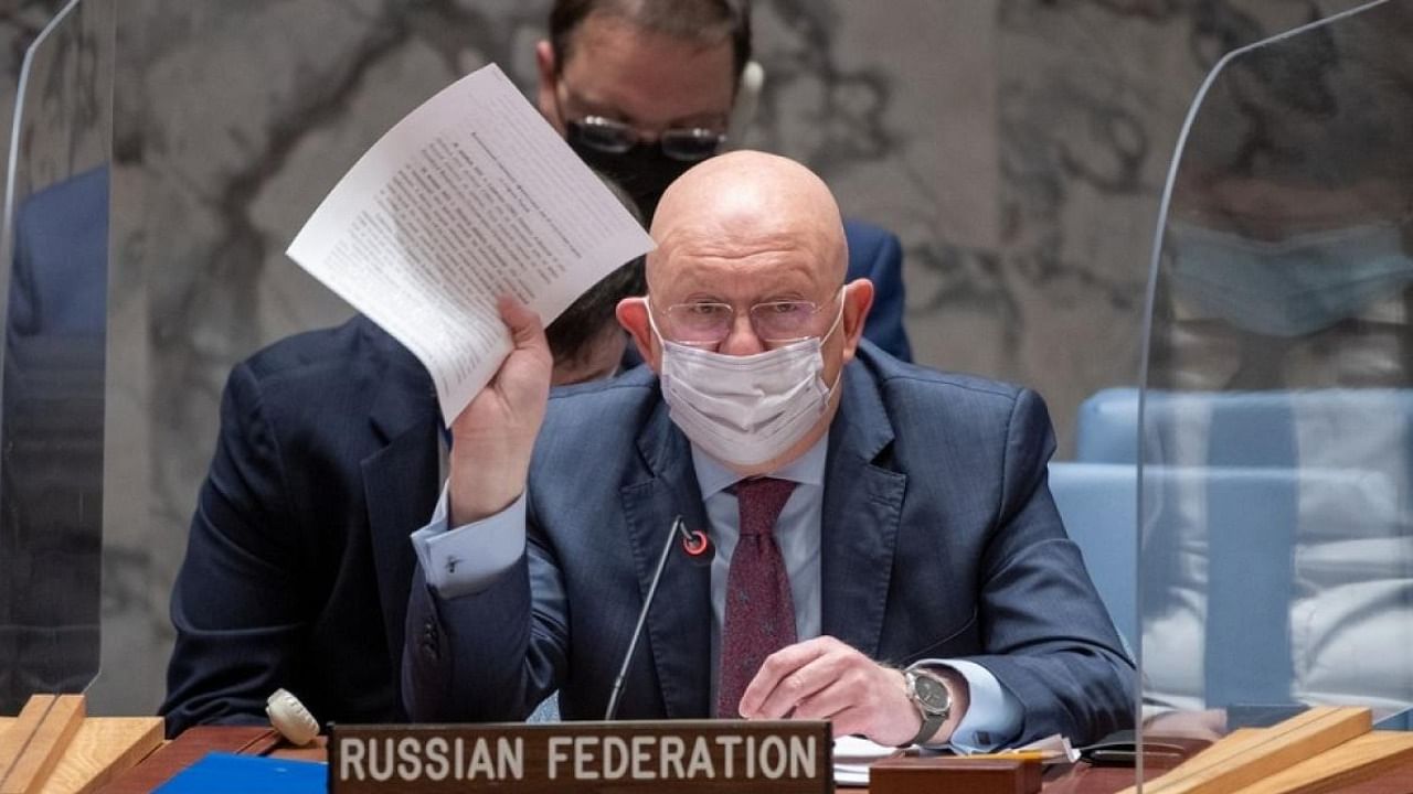 Russia's UN ambassador Vassily Nebenzia speaks at a Security Council meeting on Ukraine at UN Headquarters in New York. Credit: IANS Photo