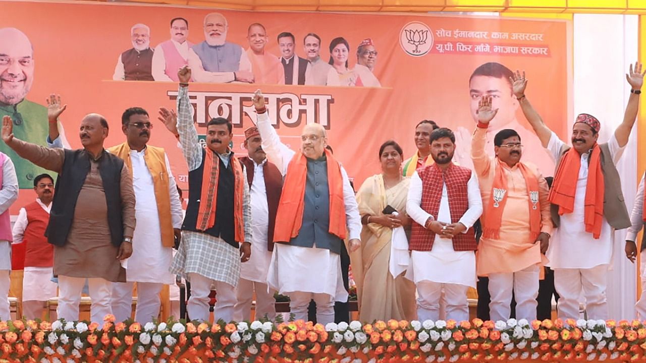 Union Home Minister Amit Shah with BJP leaders during a public meeting for the seventh and last phase of UP Assembly elections at Malhani, in Jaunpur. Credit: PTI Photo