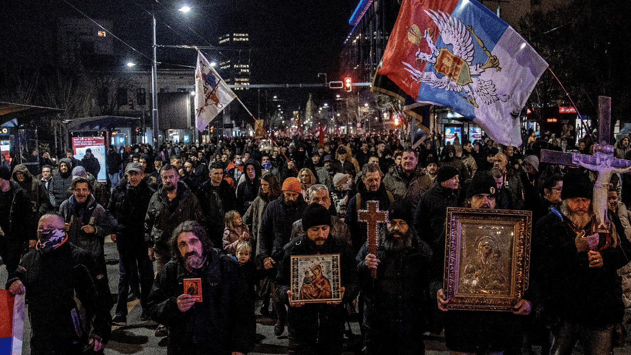 Pro-Russia protestors march through the streets in central Belgrade. Credit: Reuters Photo