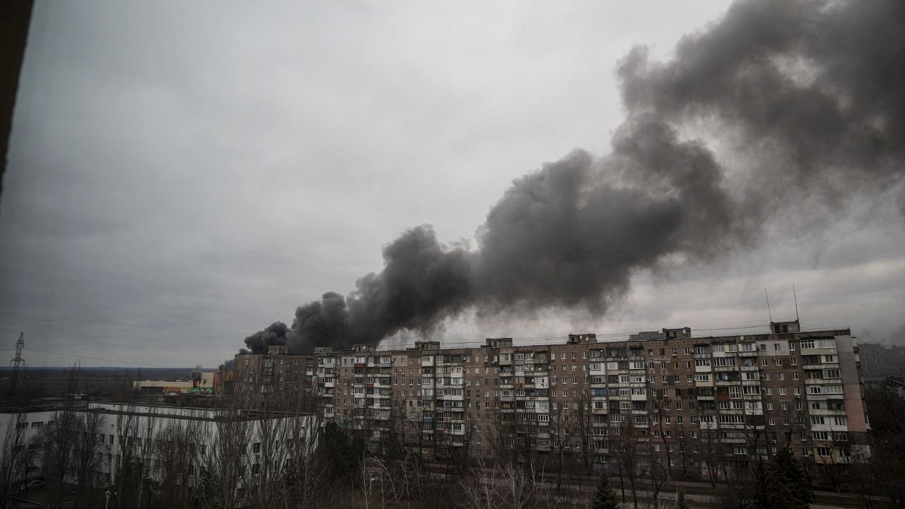 Smoke rise after shelling by Russian forces in Mariupol. Credit: AP/PTI Photo