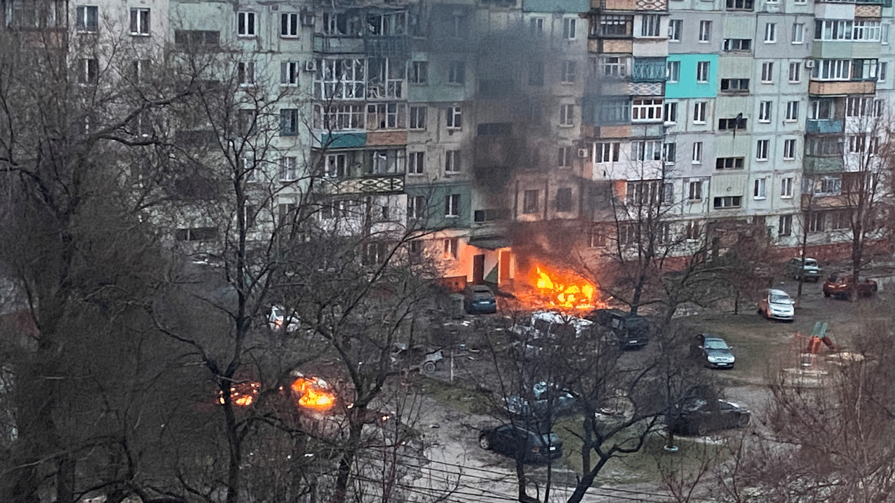 Fire is seen in Mariupol at residential area after shelling. Credit: Reuters Photo